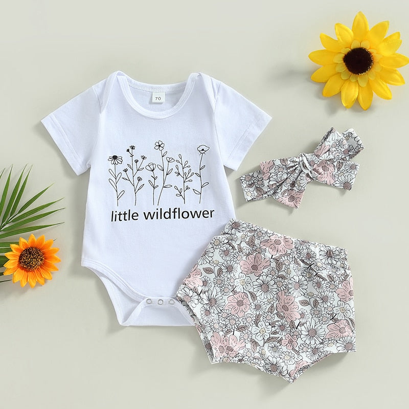 Little Wildflower Romper with Matching Floral Shorts and Headband