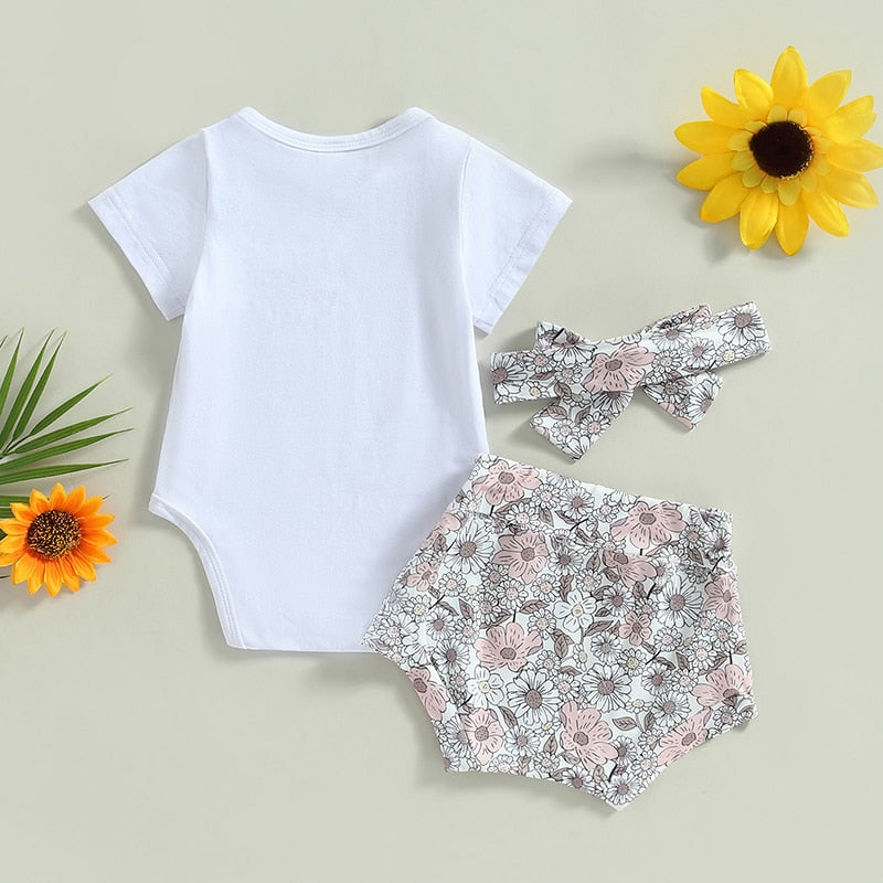 Little Wildflower Romper with Matching Floral Shorts and Headband