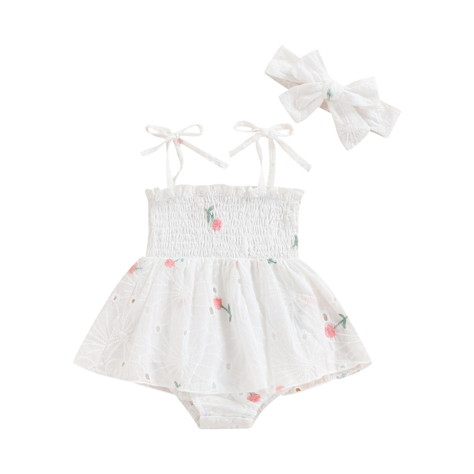 Floral Embroidered Romper With Matching Headband