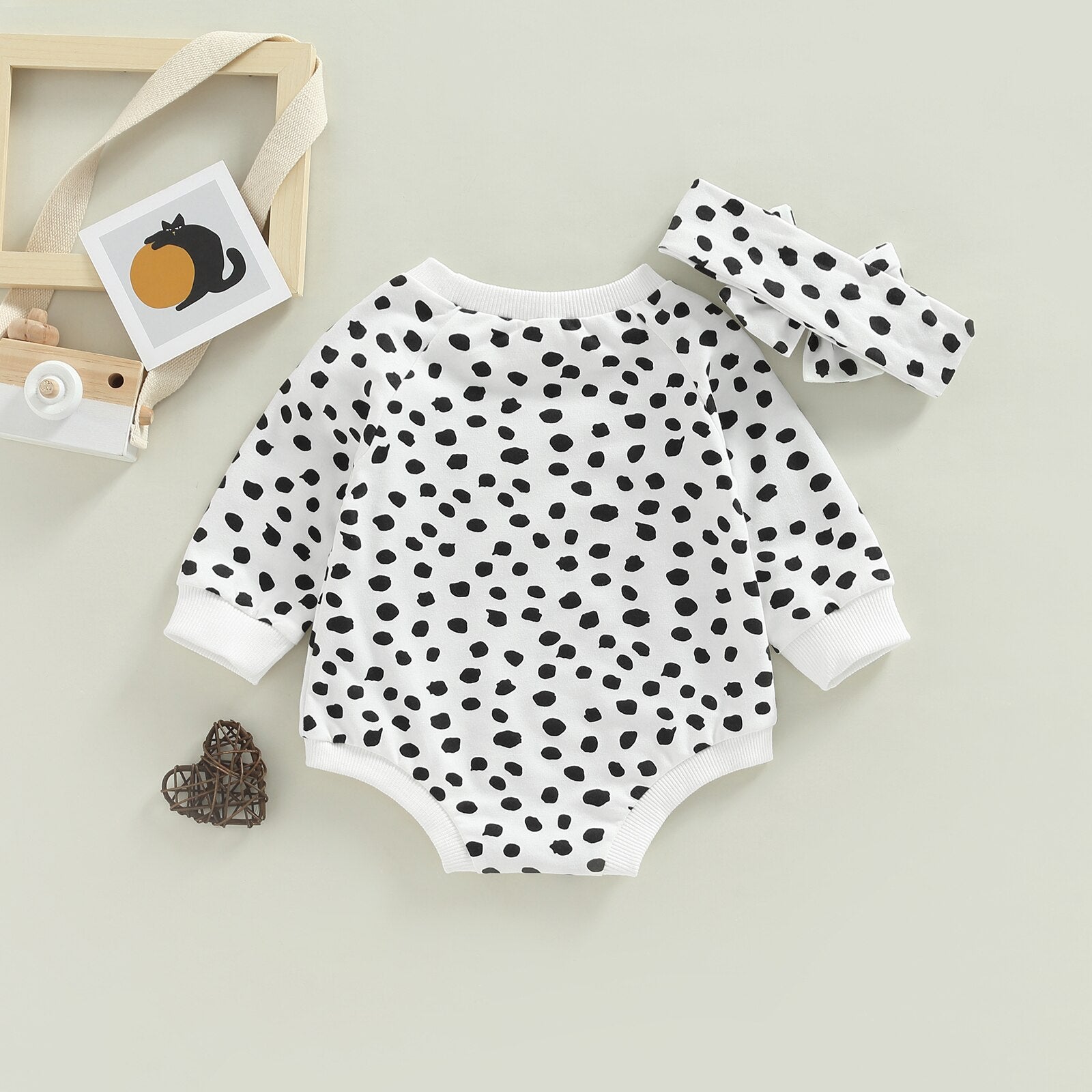 Black and White Dot Print Baby Bodysuit With Headband