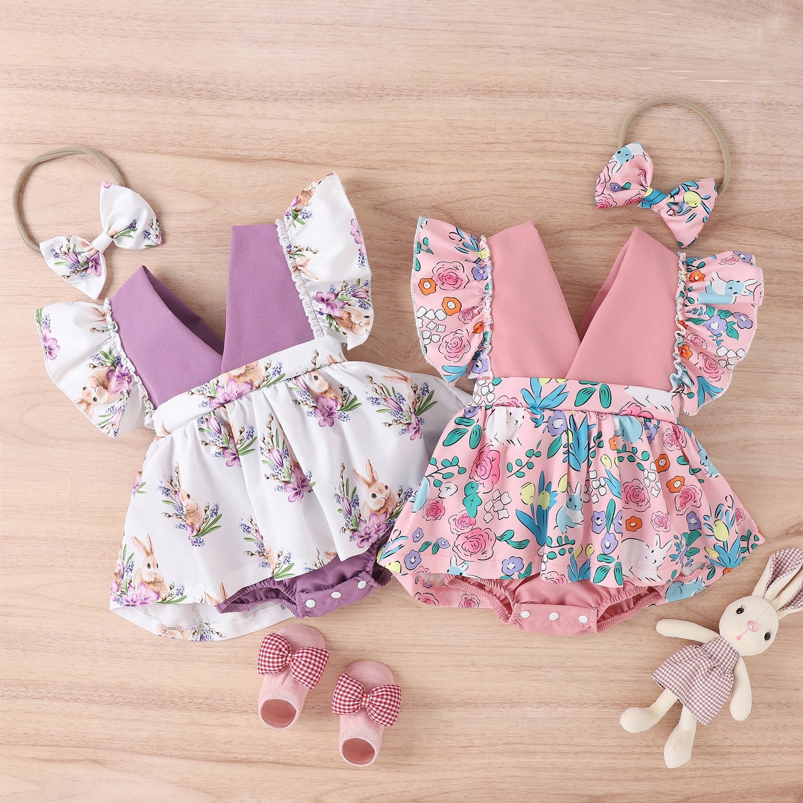 Floral Ruffle Romper with Matching Headband