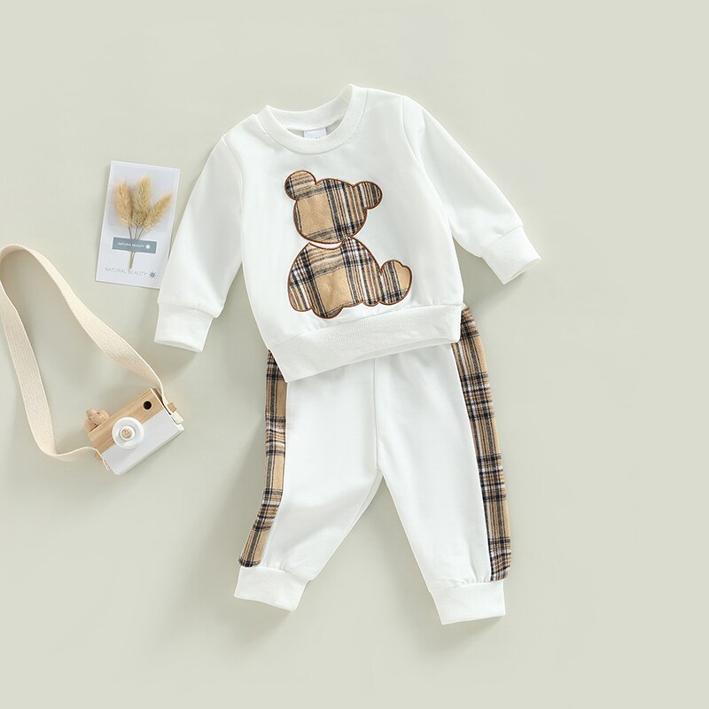 Bear Plaid White Matching Baby Sweat Suit