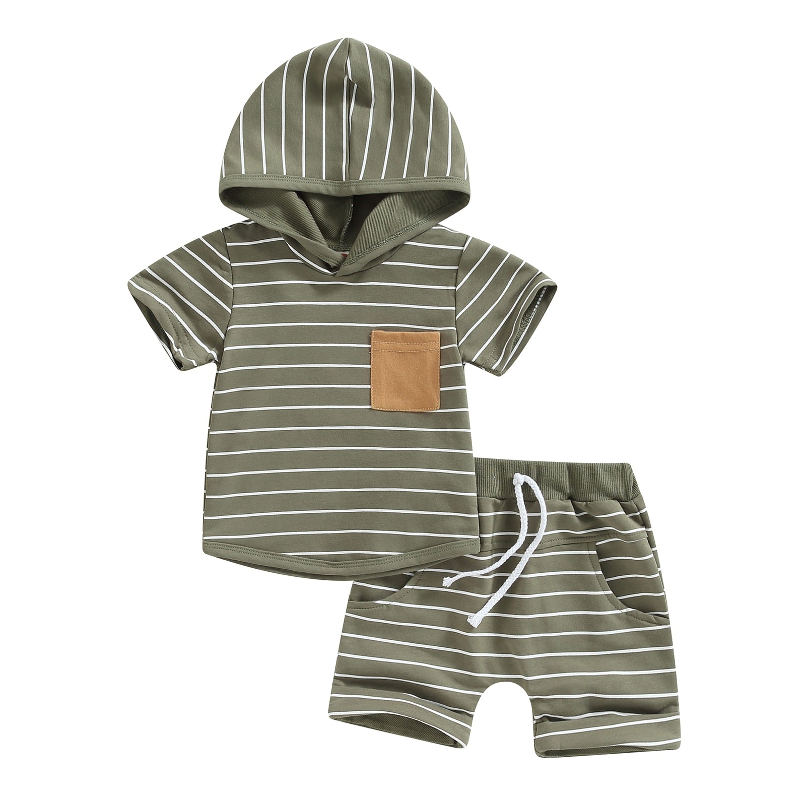 Stripe Hooeded Tops with Matching Drawstring Shorts